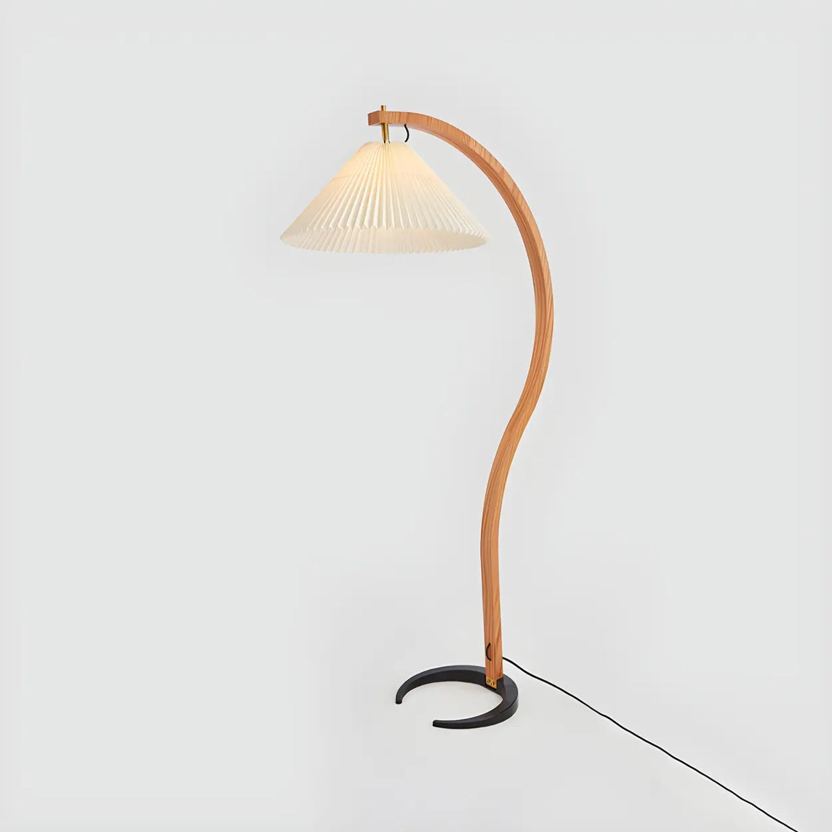 Elegant Curved Wooden Floor Lamp with Pleated Shade Image - 2