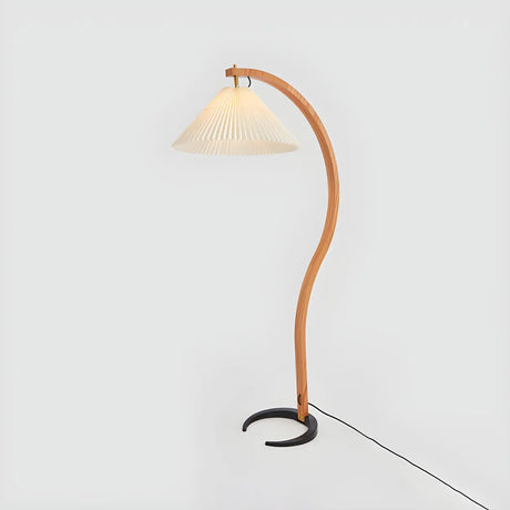 Elegant Curved Wooden Floor Lamp with Pleated Shade Image - 2