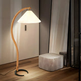 Elegant Curved Wooden Floor Lamp with Pleated Shade Image - 4