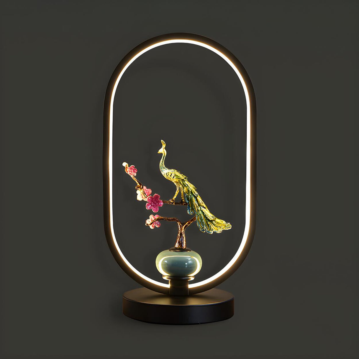 Elegant Deer Statue Oval Frame LED Metal Table Lamp Image - 11