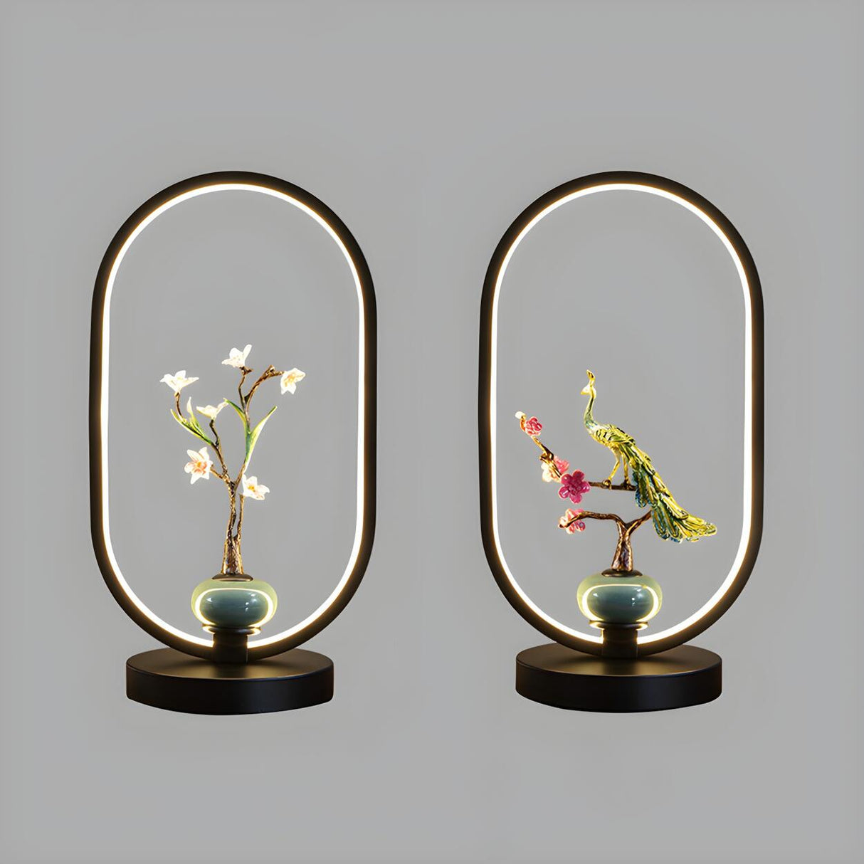 Elegant Deer Statue Oval Frame LED Metal Table Lamp Image - 15