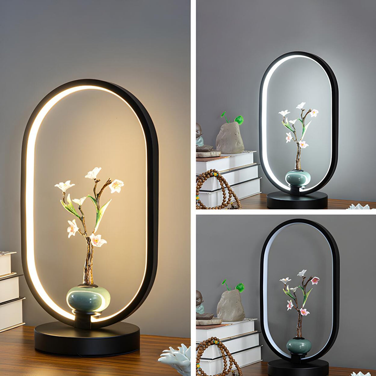 Elegant Deer Statue Oval Frame LED Metal Table Lamp Image - 16