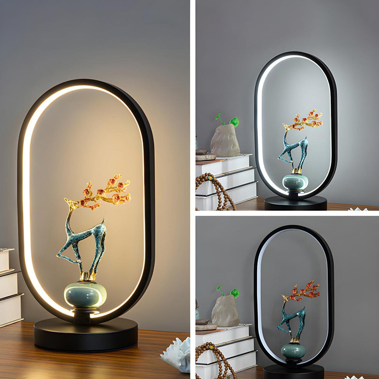 Elegant Deer Statue Oval Frame LED Metal Table Lamp Image - 17