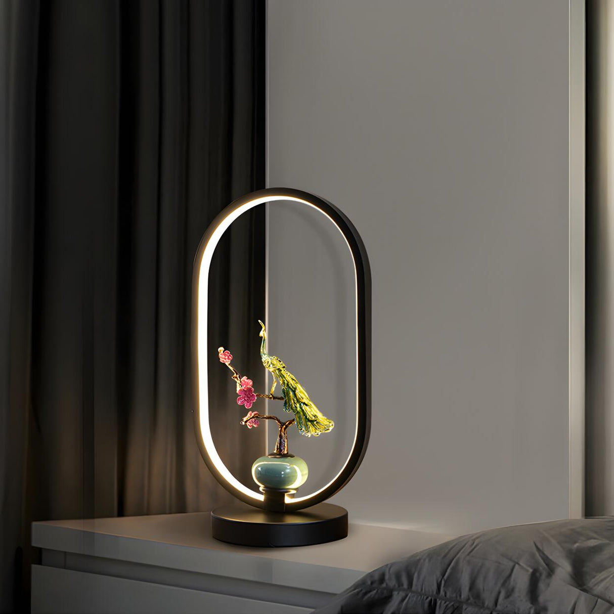 Elegant Deer Statue Oval Frame LED Metal Table Lamp Image - 22