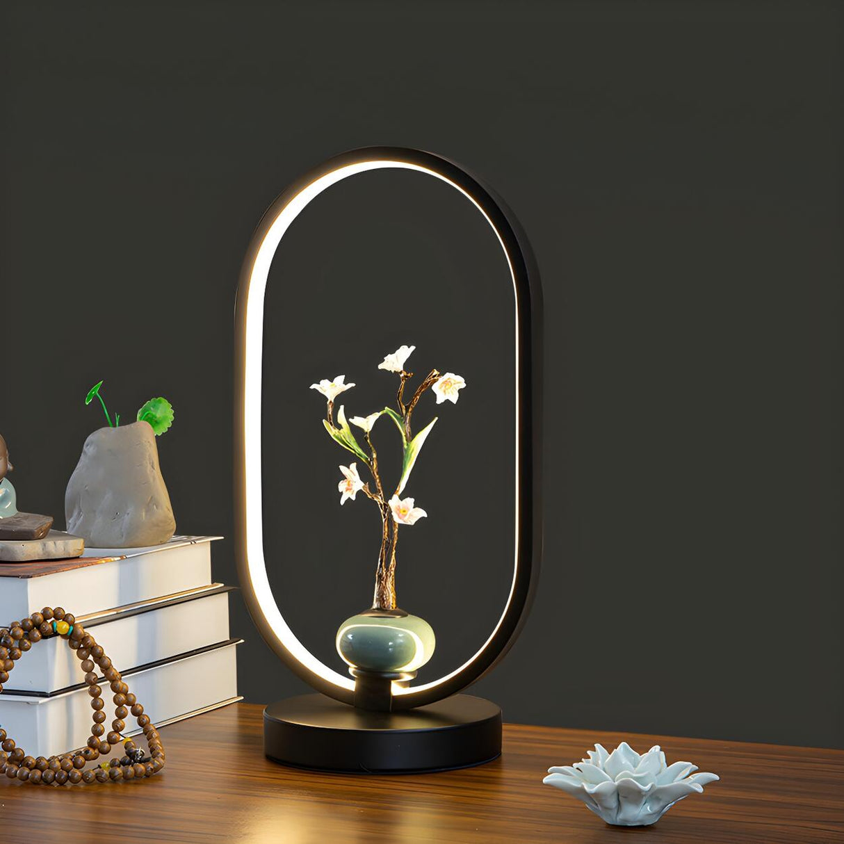 Elegant Deer Statue Oval Frame LED Metal Table Lamp Image - 4