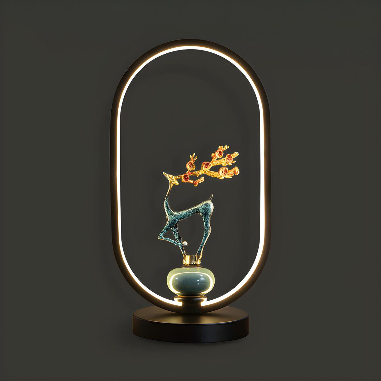 Elegant Deer Statue Oval Frame LED Metal Table Lamp Image - 5