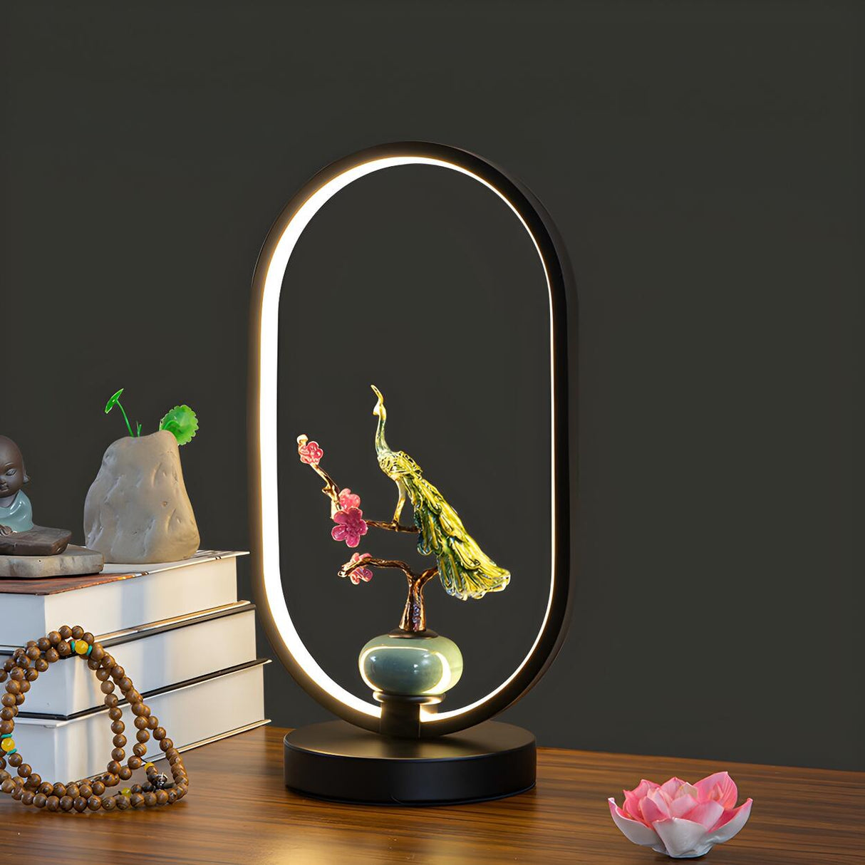 Elegant Deer Statue Oval Frame LED Metal Table Lamp Image - 6