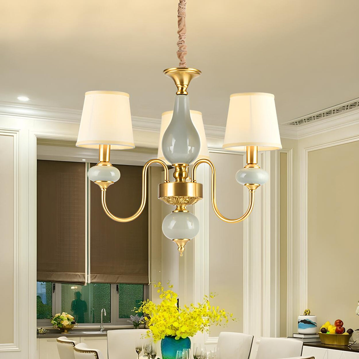 Elegant Dining Room Brass Ceramic Round Drum Chandelier Image - 2