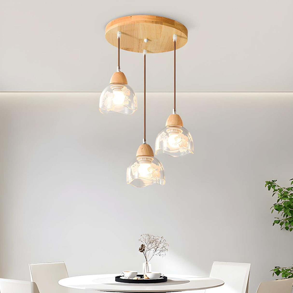 Elegant Dining Room Floral Clear Glass Dome Pendant Light Image - 16