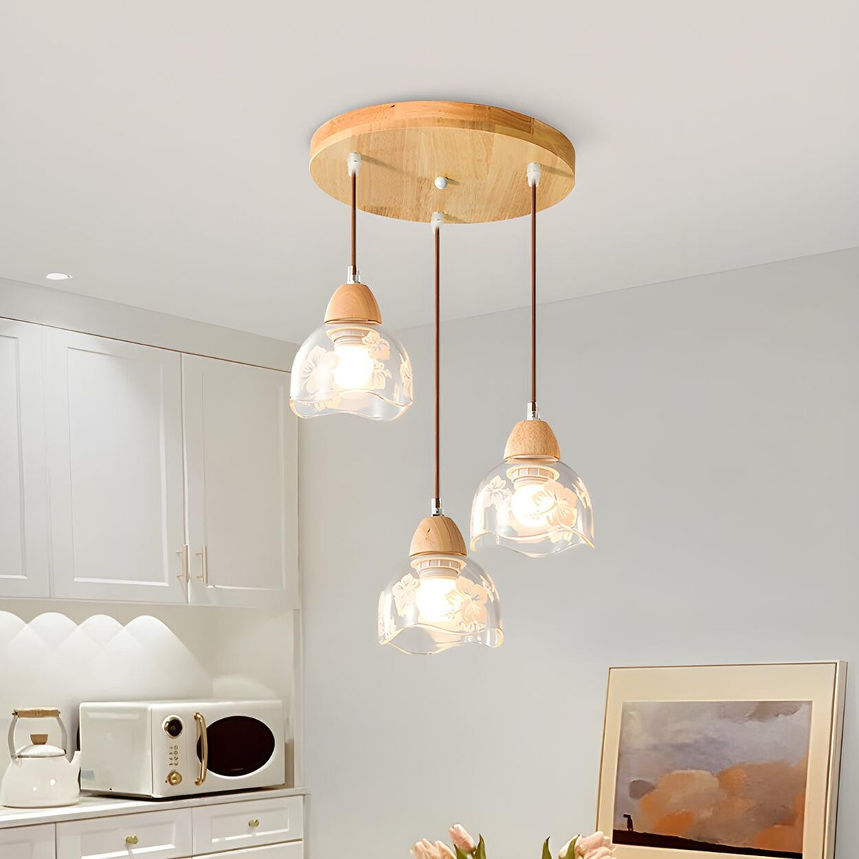 Elegant Dining Room Floral Clear Glass Dome Pendant Light Image - 6