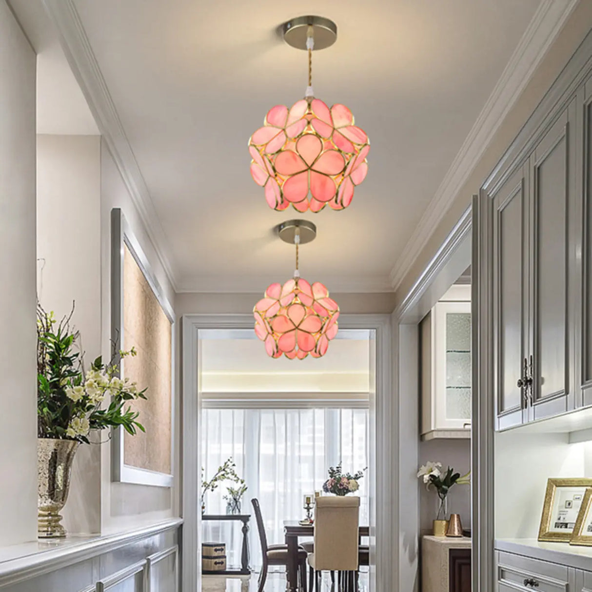 Elegant Dining Room Flower Globe White Glass Pendant Light Image - 6