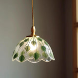 Elegant Dining Room Green Leaf Glass Dome Pendant Light Image - 4