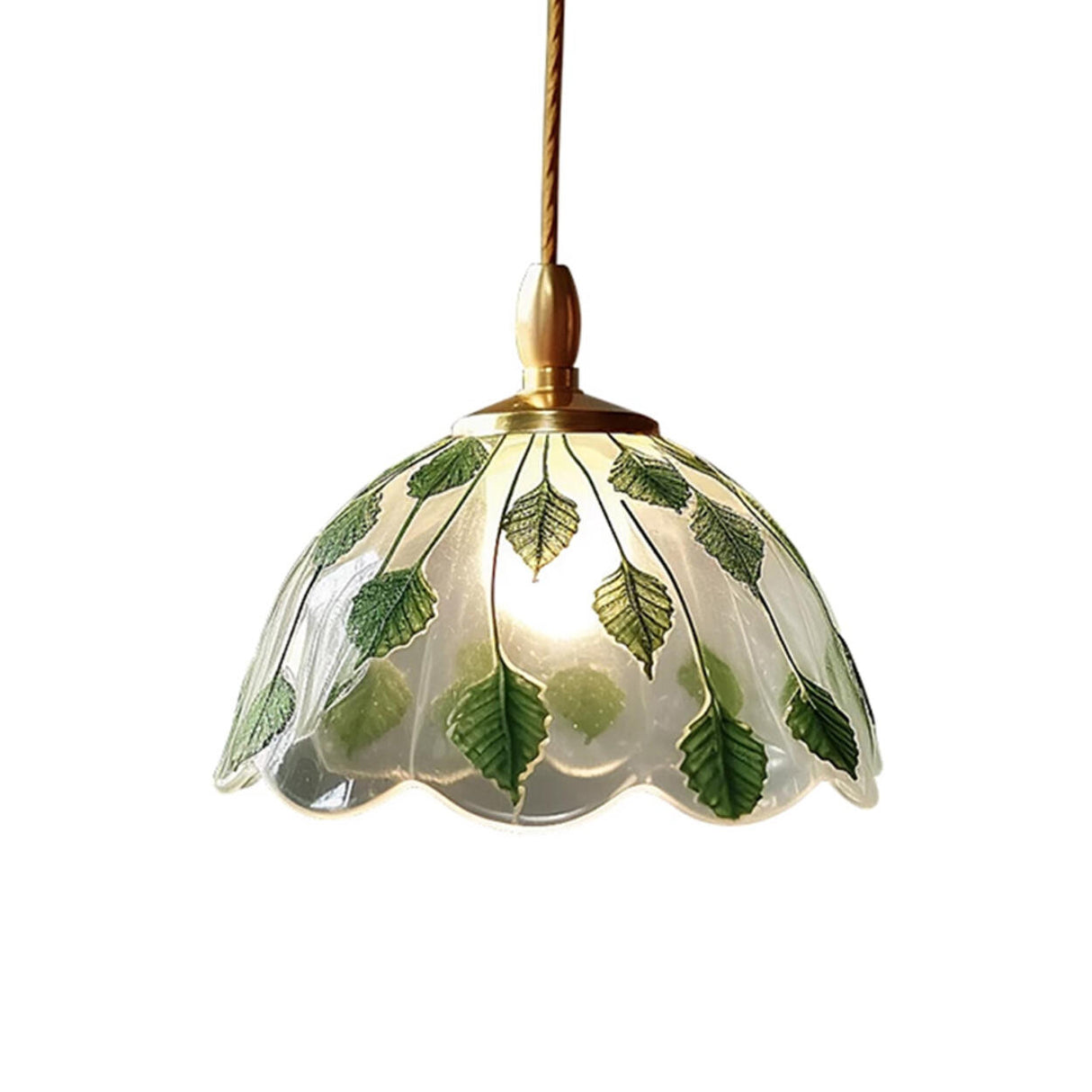 Elegant Dining Room Green Leaf Glass Dome Pendant Light Image - 5