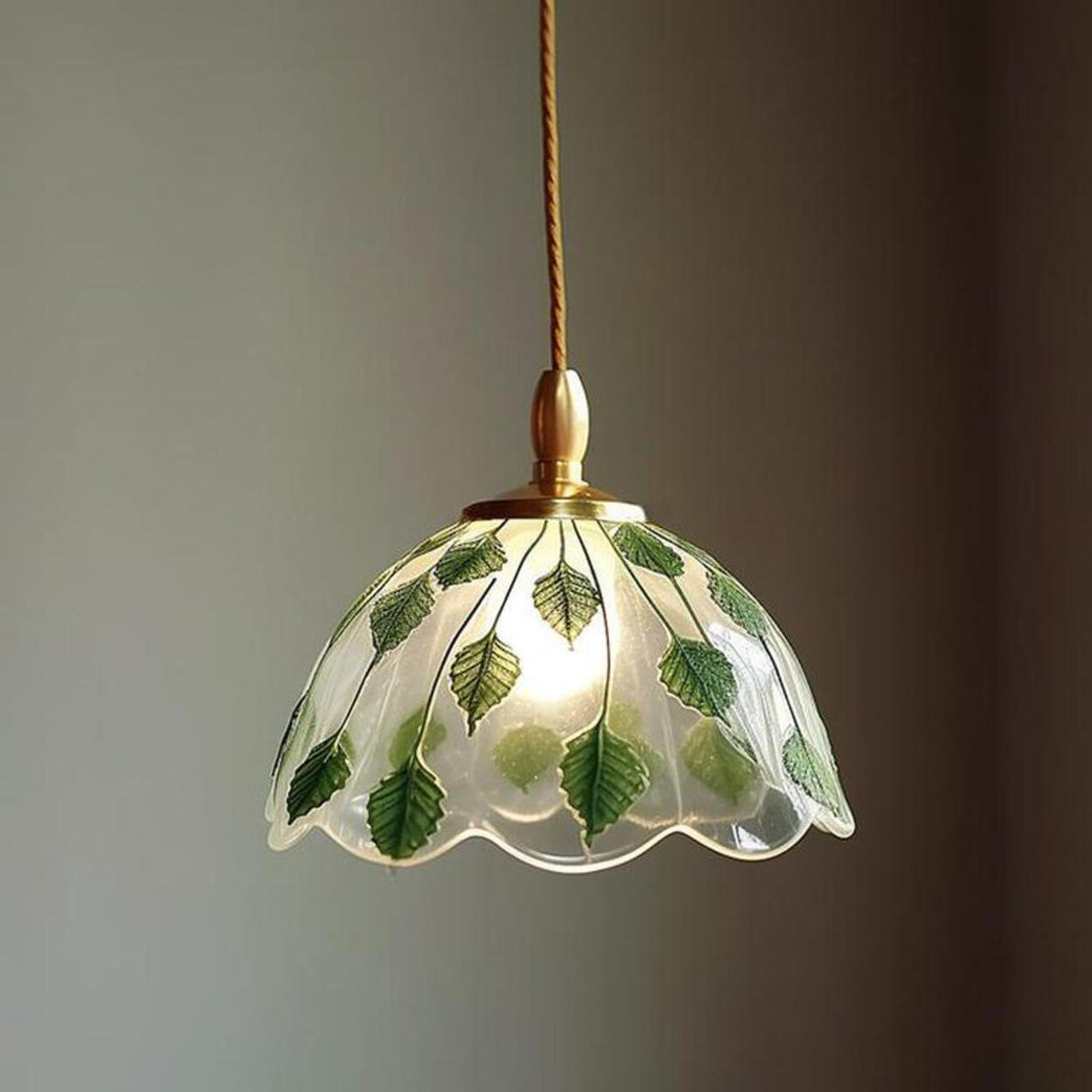 Elegant Dining Room Green Leaf Glass Dome Pendant Light Image - 6