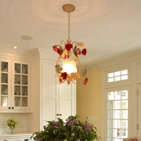 Elegant Dining Room Red Mini Floral Metal Pendant Light Image - 1