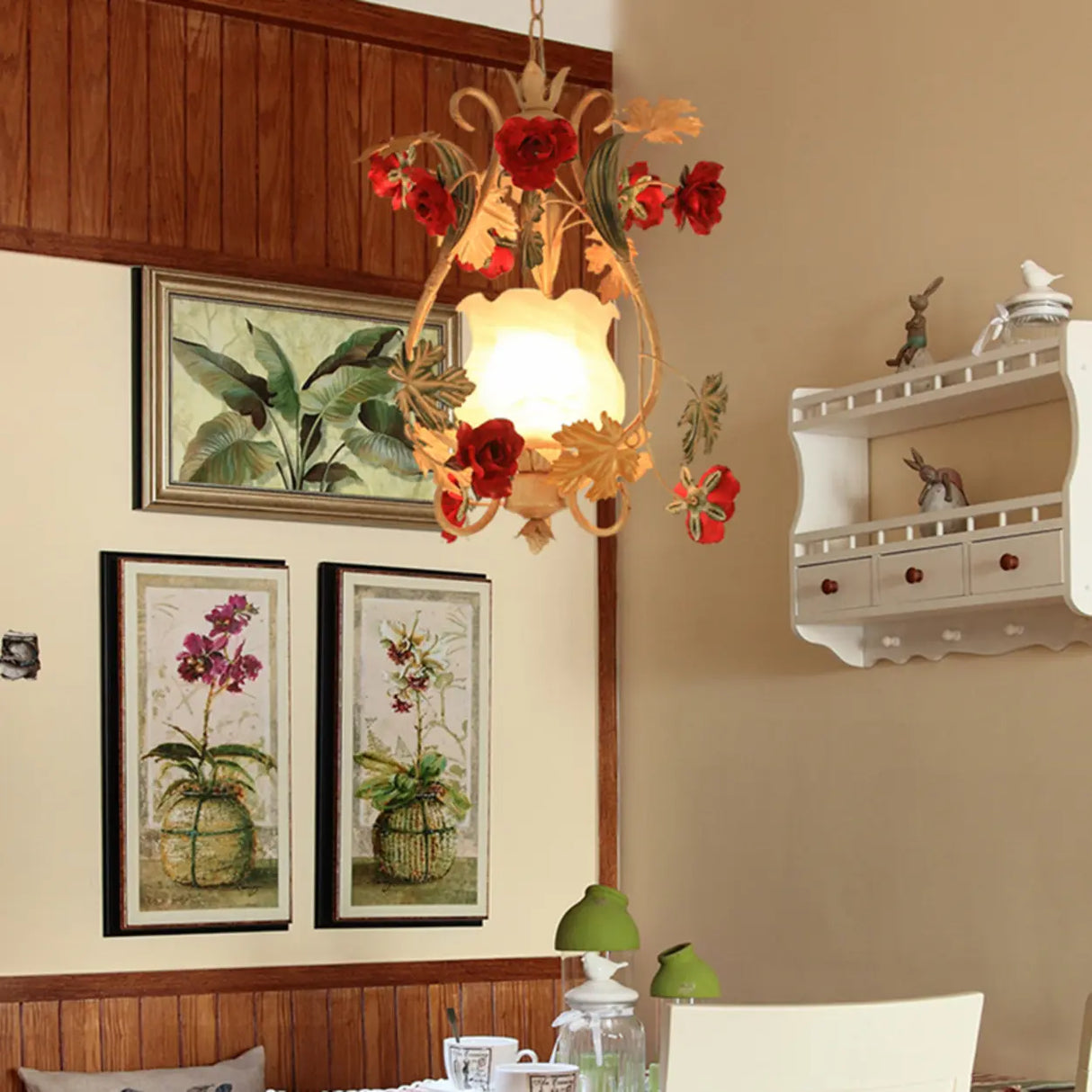 Elegant Dining Room Red Mini Floral Metal Pendant Light Image - 2