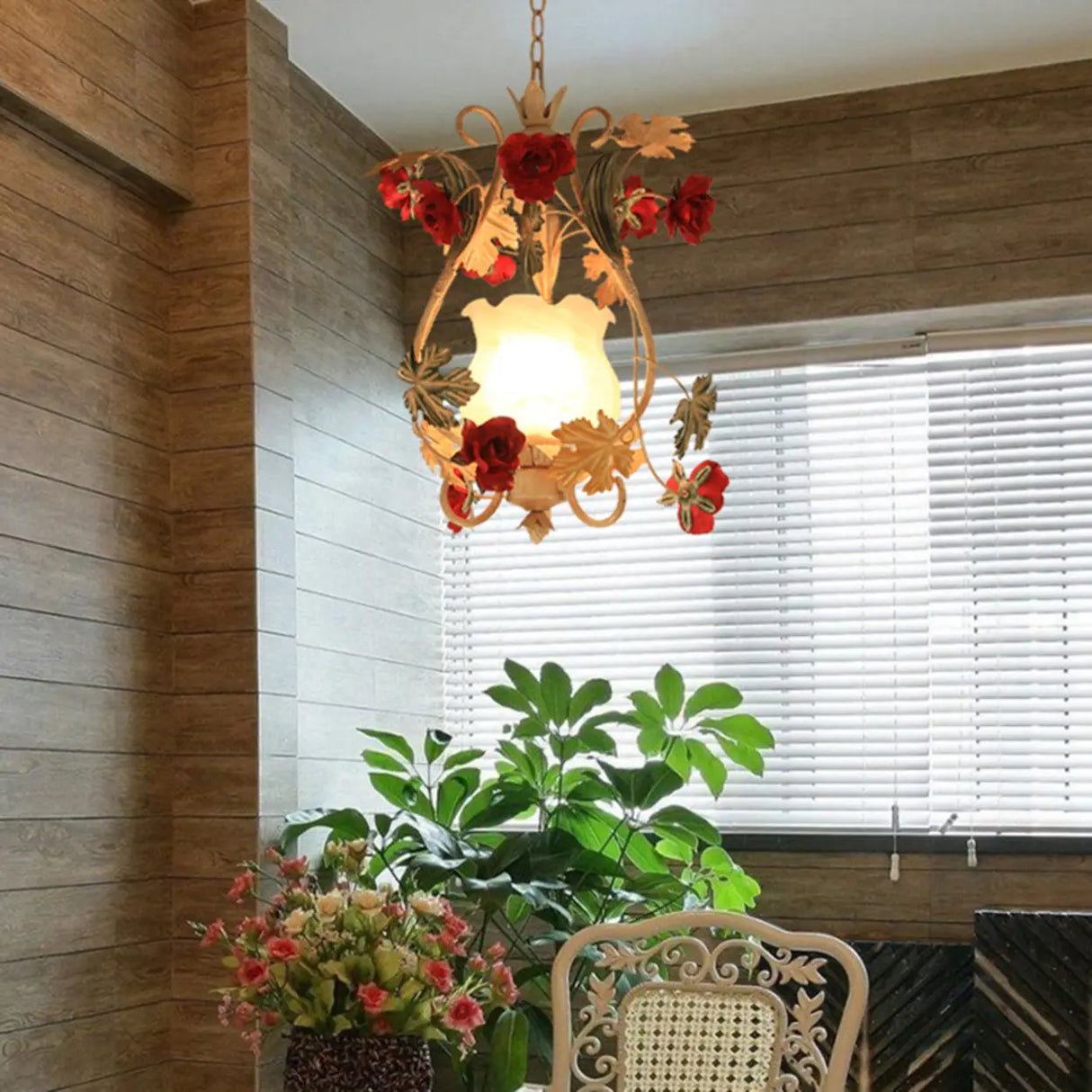 Elegant Dining Room Red Mini Floral Metal Pendant Light Image - 3