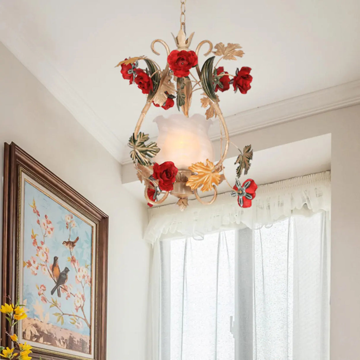 Elegant Dining Room Red Mini Floral Metal Pendant Light Image - 9