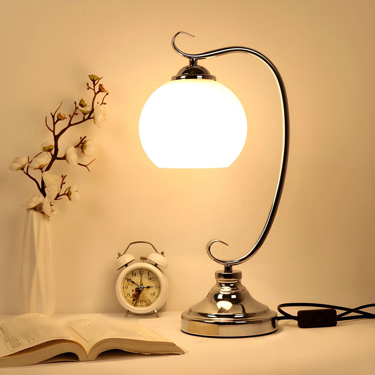 Elegant Dome Glass Shade Curved Metal Arm Table Lamp Image - 14