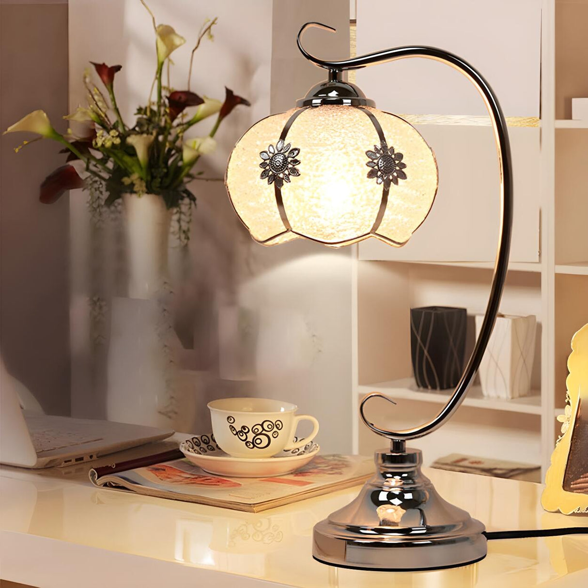 Elegant Dome Glass Shade Curved Metal Arm Table Lamp Image - 16