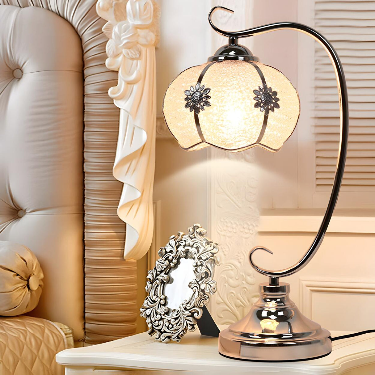 Elegant Dome Glass Shade Curved Metal Arm Table Lamp Image - 4