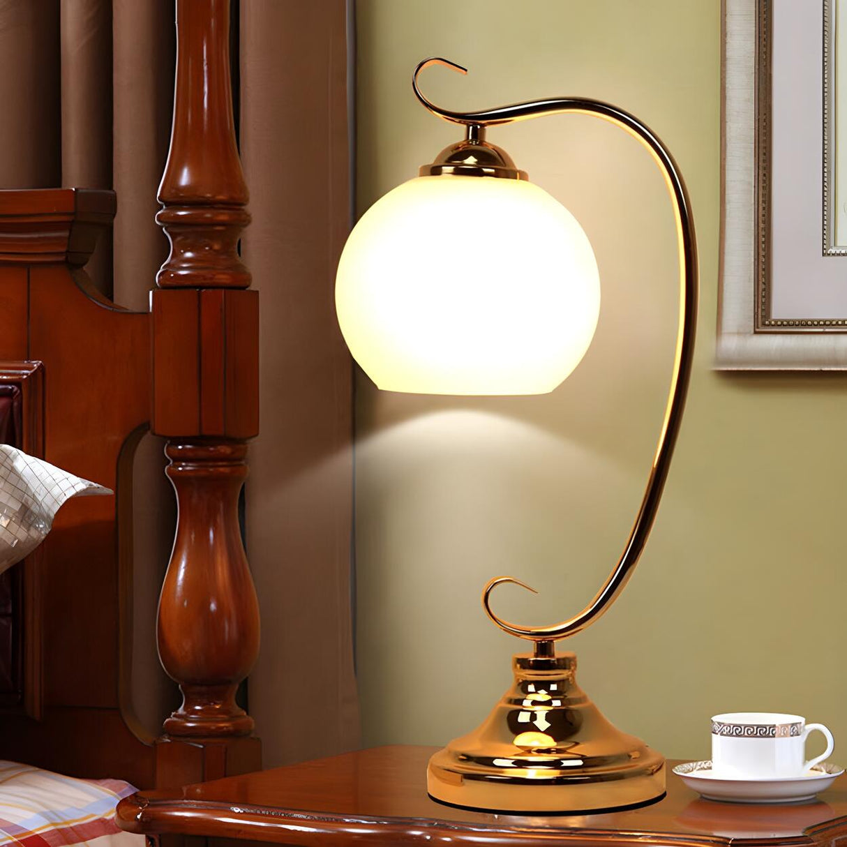 Elegant Dome Glass Shade Curved Metal Arm Table Lamp Image - 6