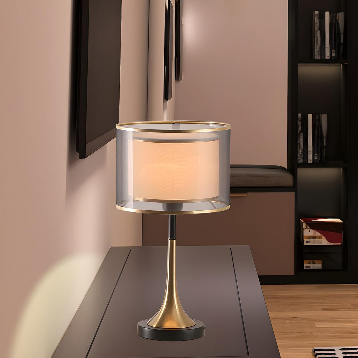 Elegant Double Layer Fabric Cylinder Shade Table Lamp Image - 4