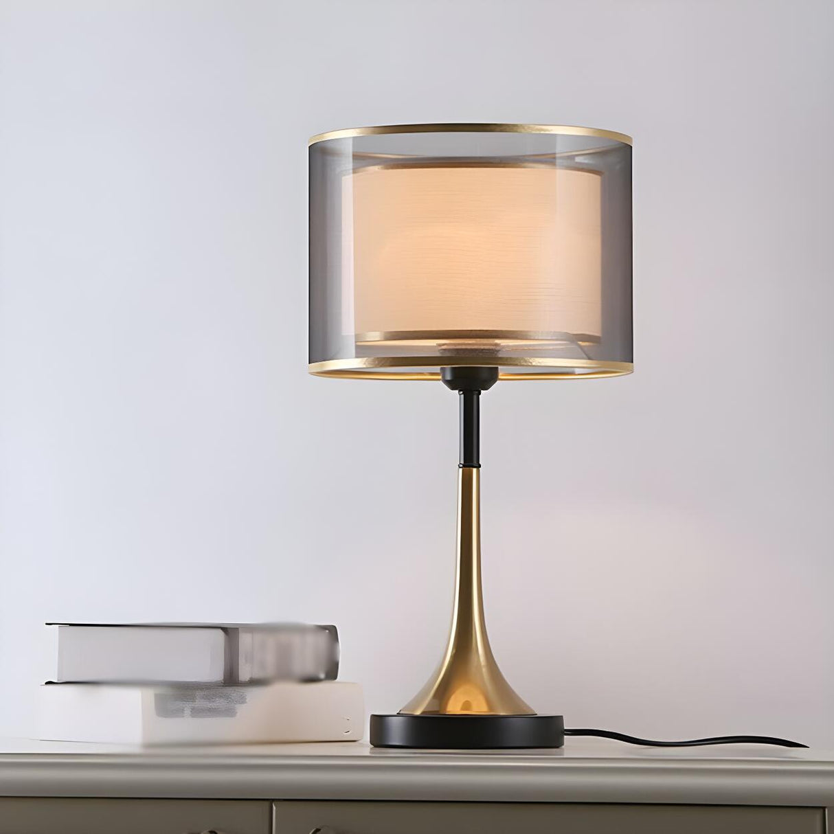 Elegant Double Layer Fabric Cylinder Shade Table Lamp Image - 9