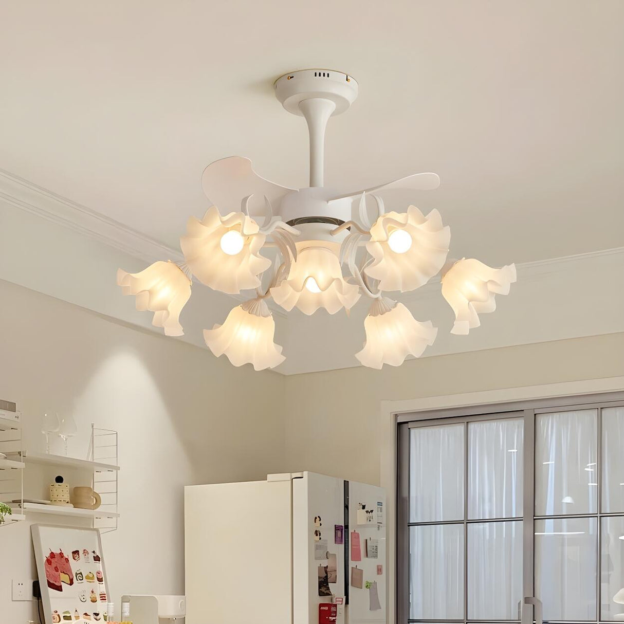 Elegant Down Rod White Floral Ceiling Fan with Lights Image - 13