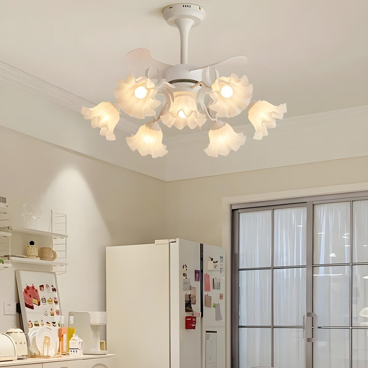 Elegant Down Rod White Floral Ceiling Fan with Lights Image - 5