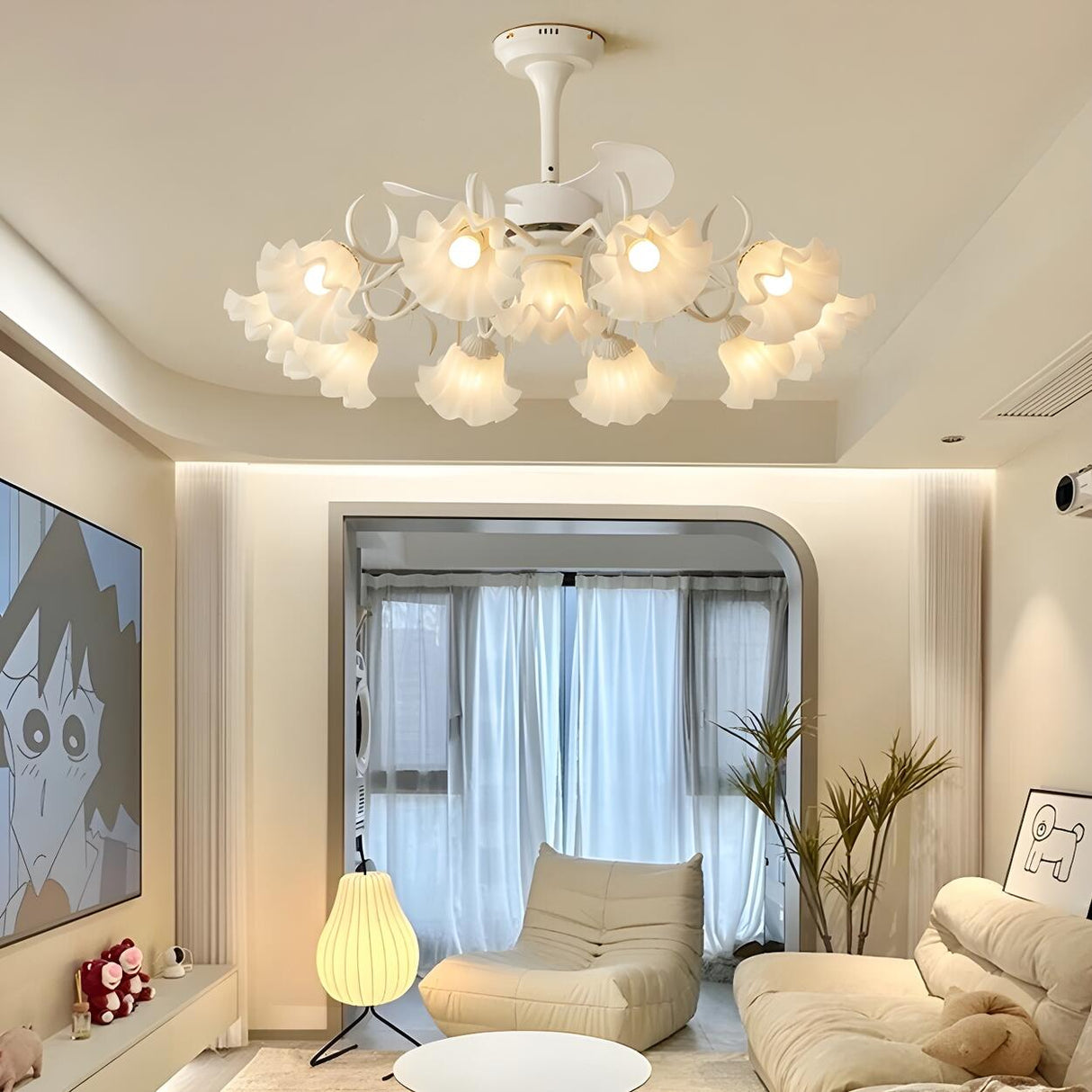 Elegant Down Rod White Floral Ceiling Fan with Lights Image - 8