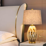 Elegant Drum Fabric Shade Ceramic Base Table Lamp Image - 15