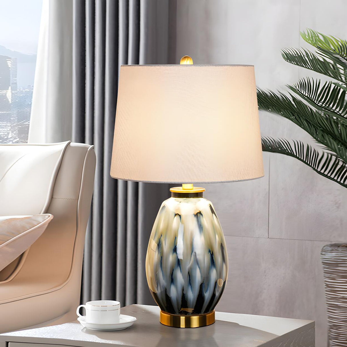 Elegant Drum Fabric Shade Ceramic Base Table Lamp Image - 5