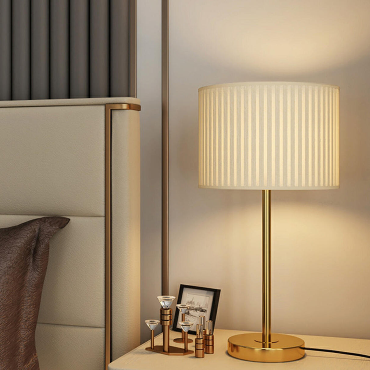 Elegant Drum Pleated Fabric Shade Metal Table Lamp Image - 2