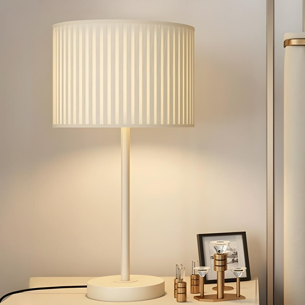 Elegant Drum Pleated Fabric Shade Metal Table Lamp Image - 9