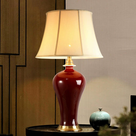 Elegant Drum-Shaped Red Geometric Ceramic Table Lamp Image - 1