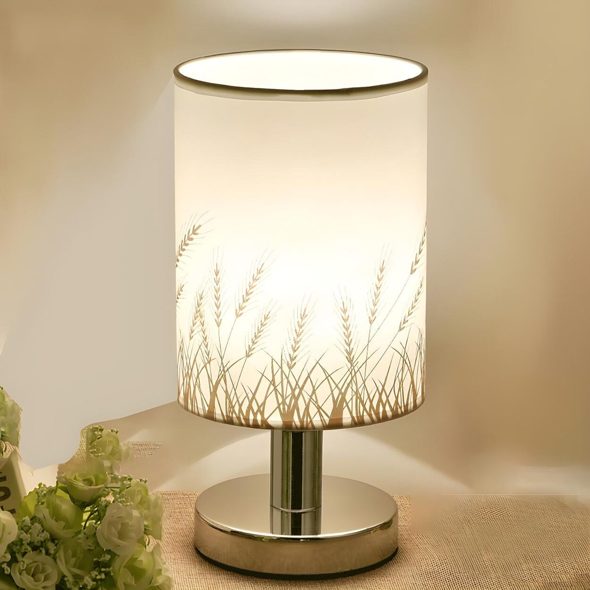 Elegant Fabric Cylinder Shape Grass Decor Table Lamp Image - 1