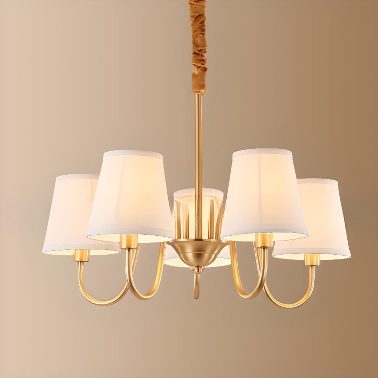 Elegant Fabric Drum Gold Chain Metal Chandelier Image - 14