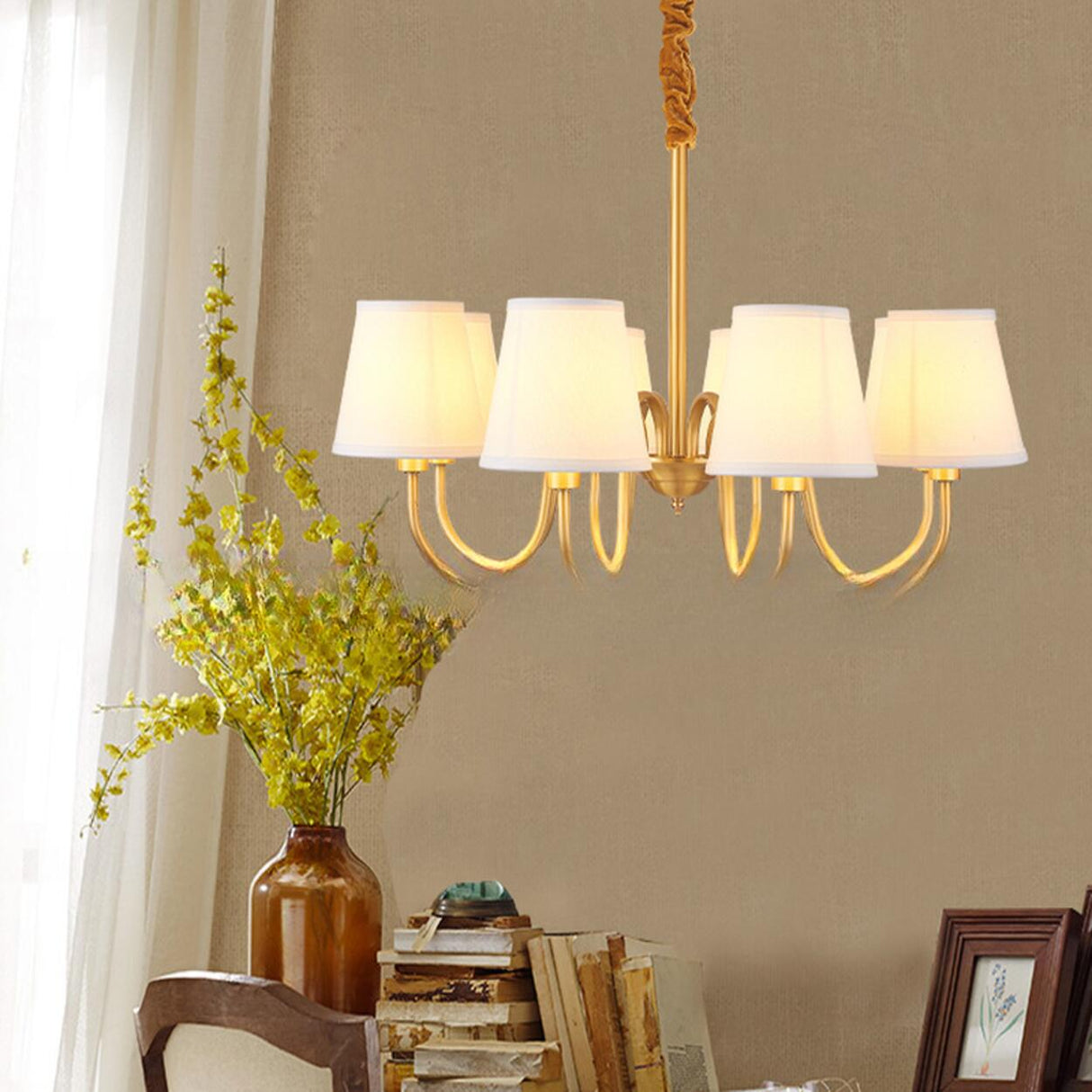 Elegant Fabric Drum Gold Chain Metal Chandelier Image - 3