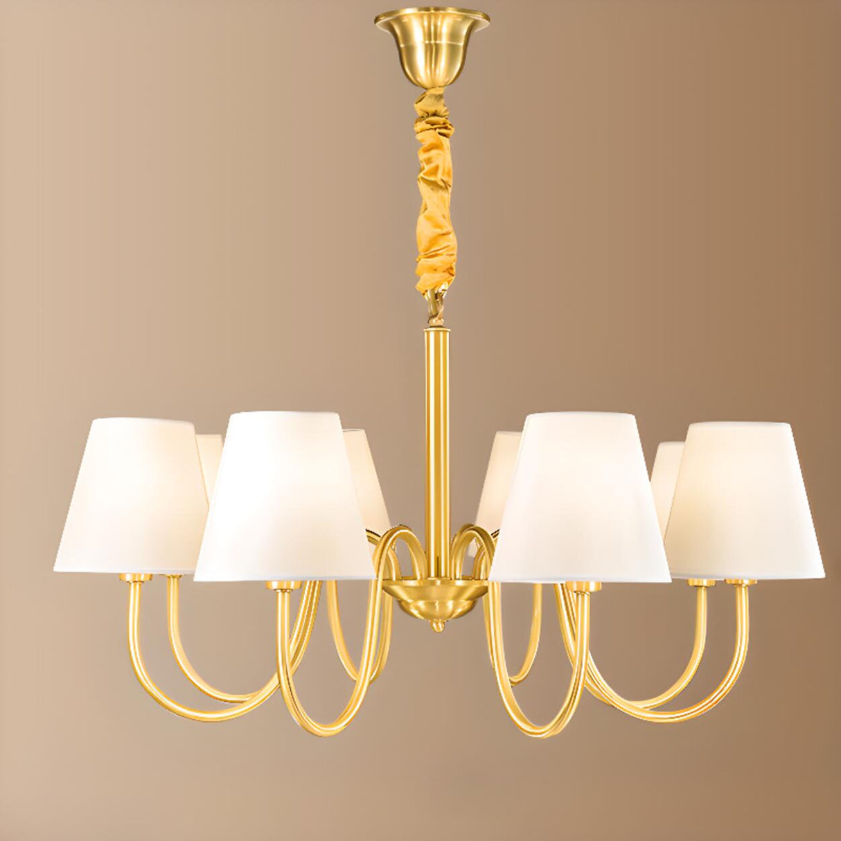 Elegant Fabric Drum Gold Chain Metal Chandelier Image - 9