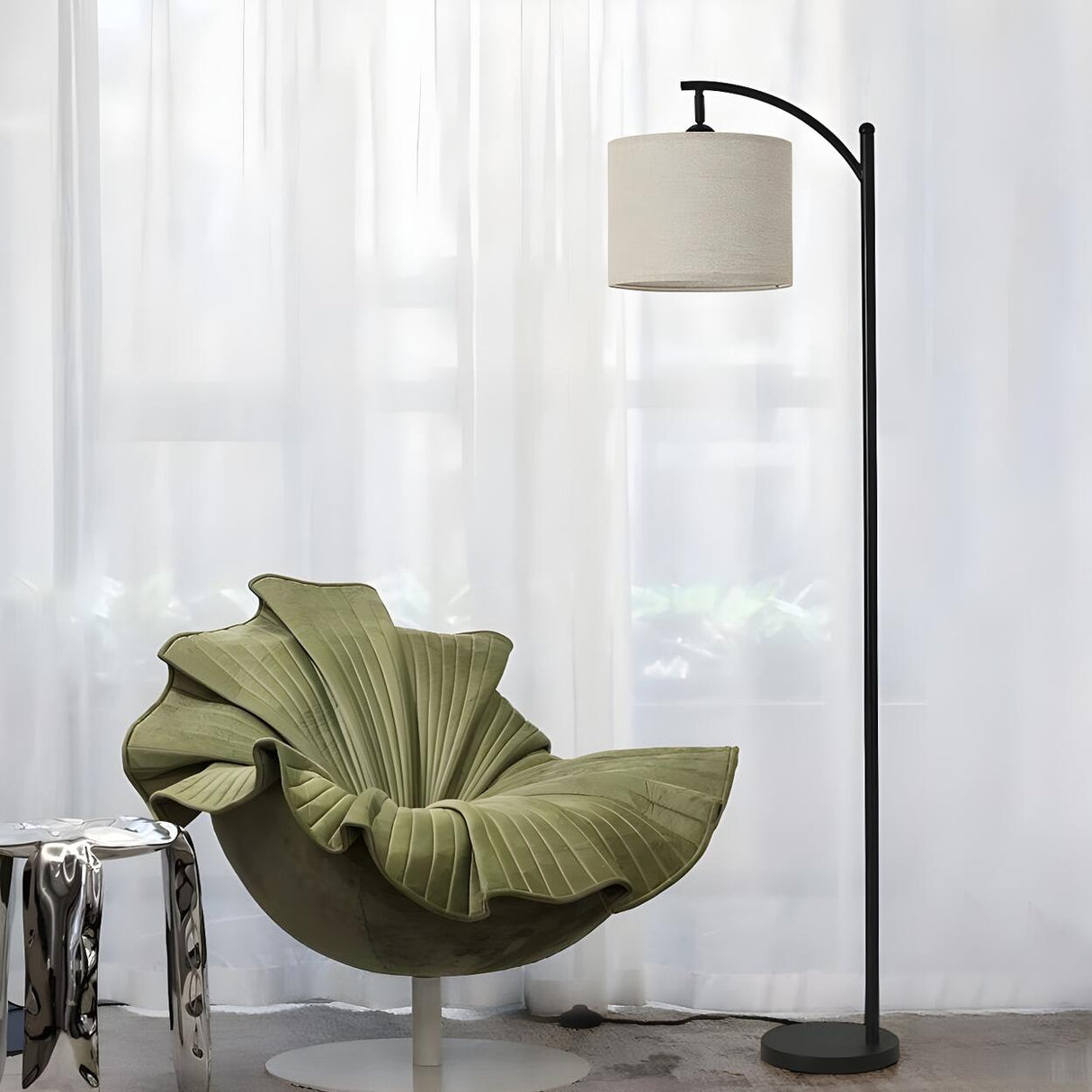 Elegant Fabric Drum Shade Black Metal Floor Lamp Image - 1