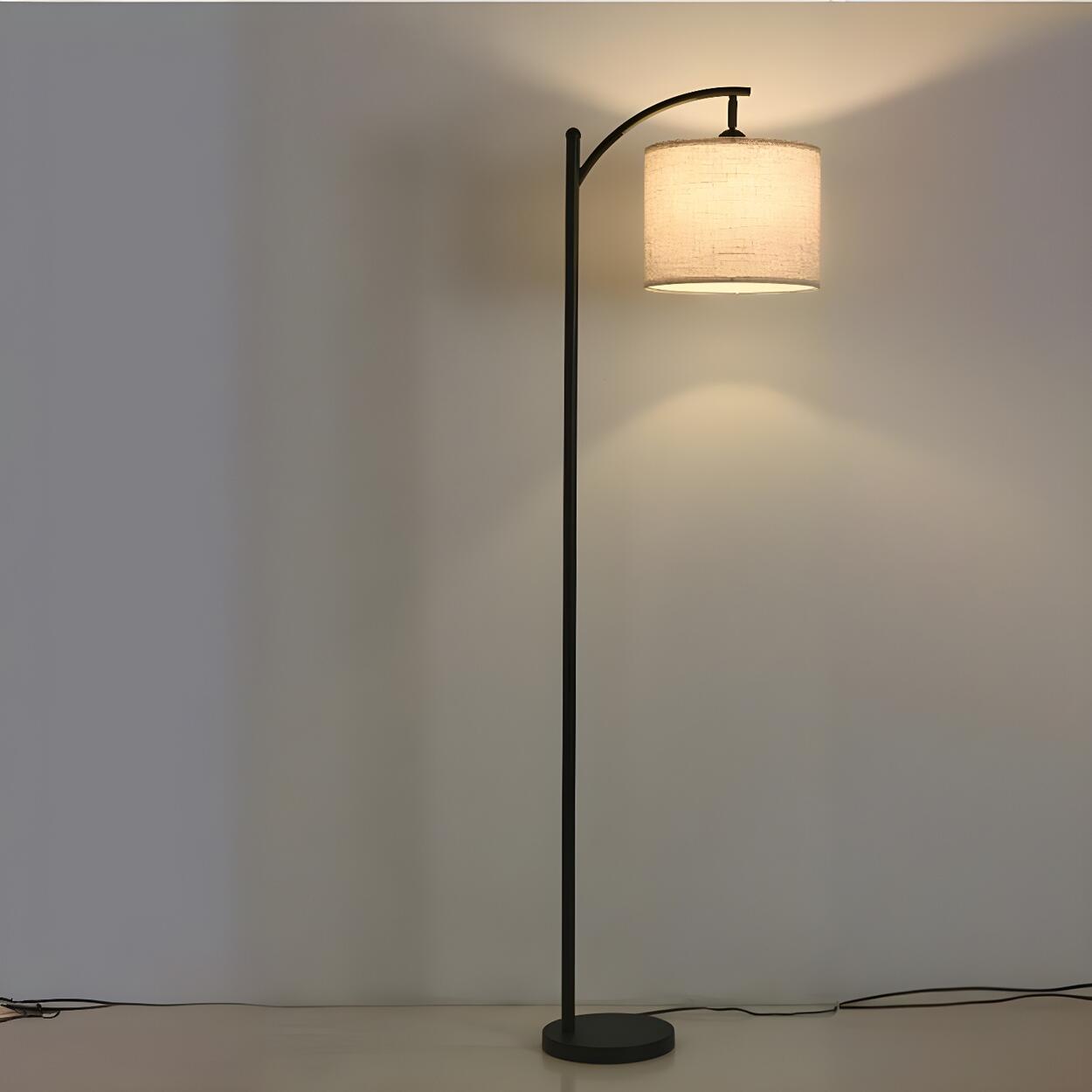 Elegant Fabric Drum Shade Black Metal Floor Lamp Image - 2