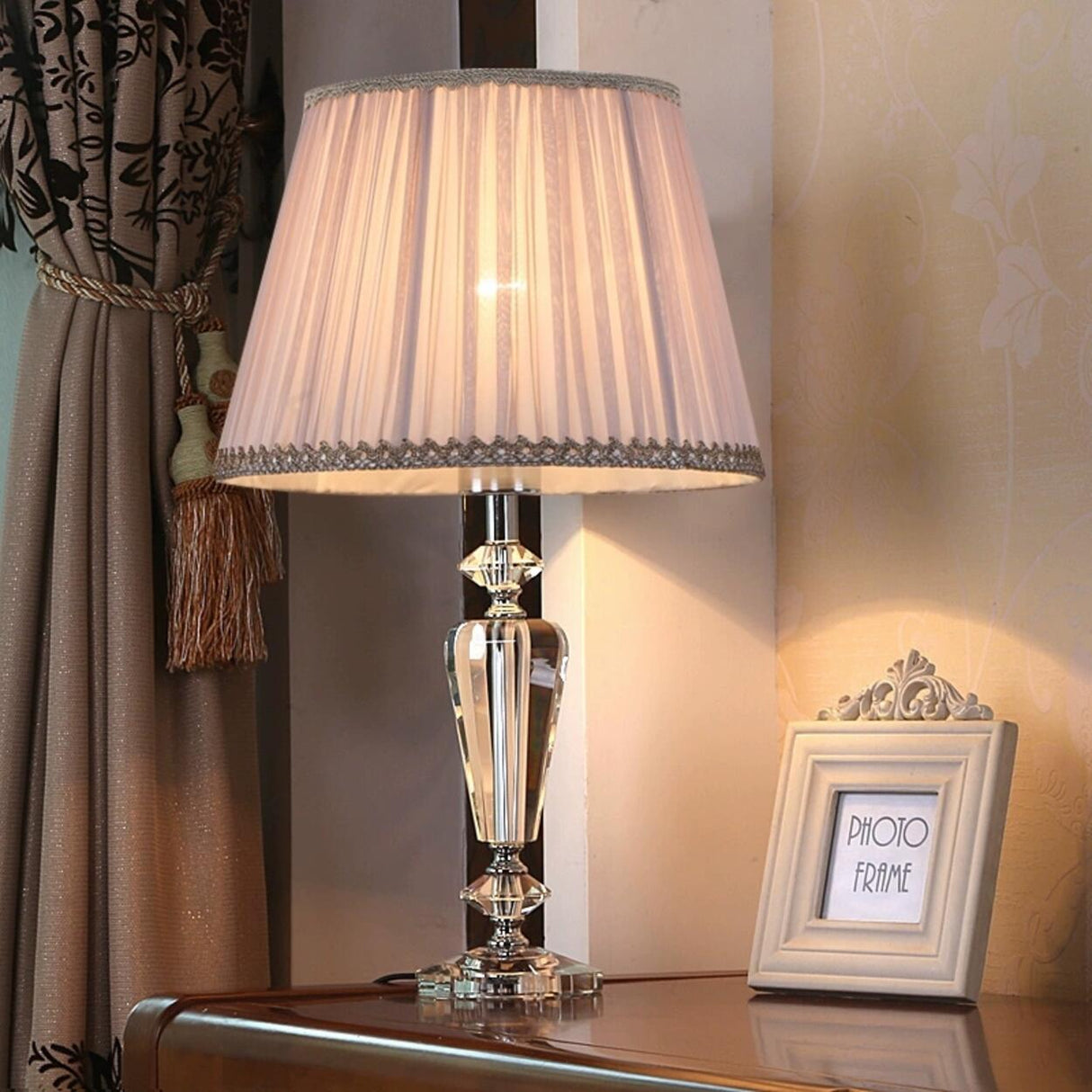 Elegant Fabric Lampshade Crystal Base Bedside Table Lamp Image - 1