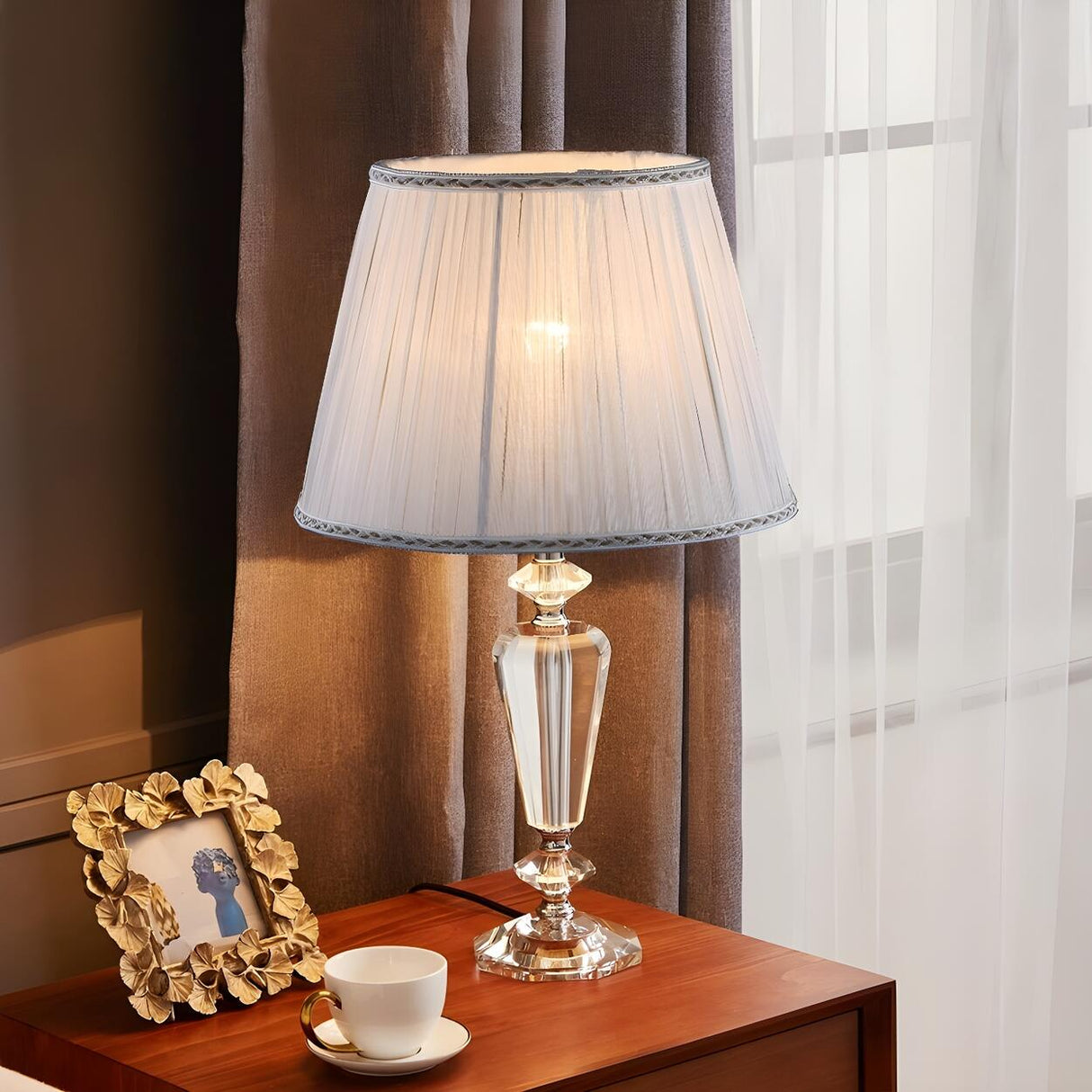 Elegant Fabric Lampshade Crystal Base Bedside Table Lamp Image - 10