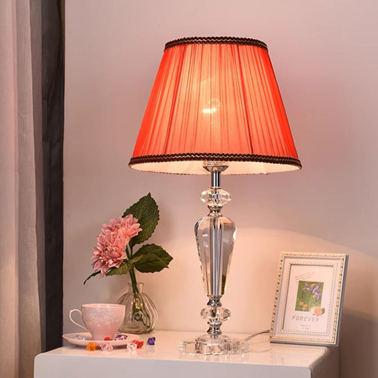 Elegant Fabric Lampshade Crystal Base Bedside Table Lamp Image - 16