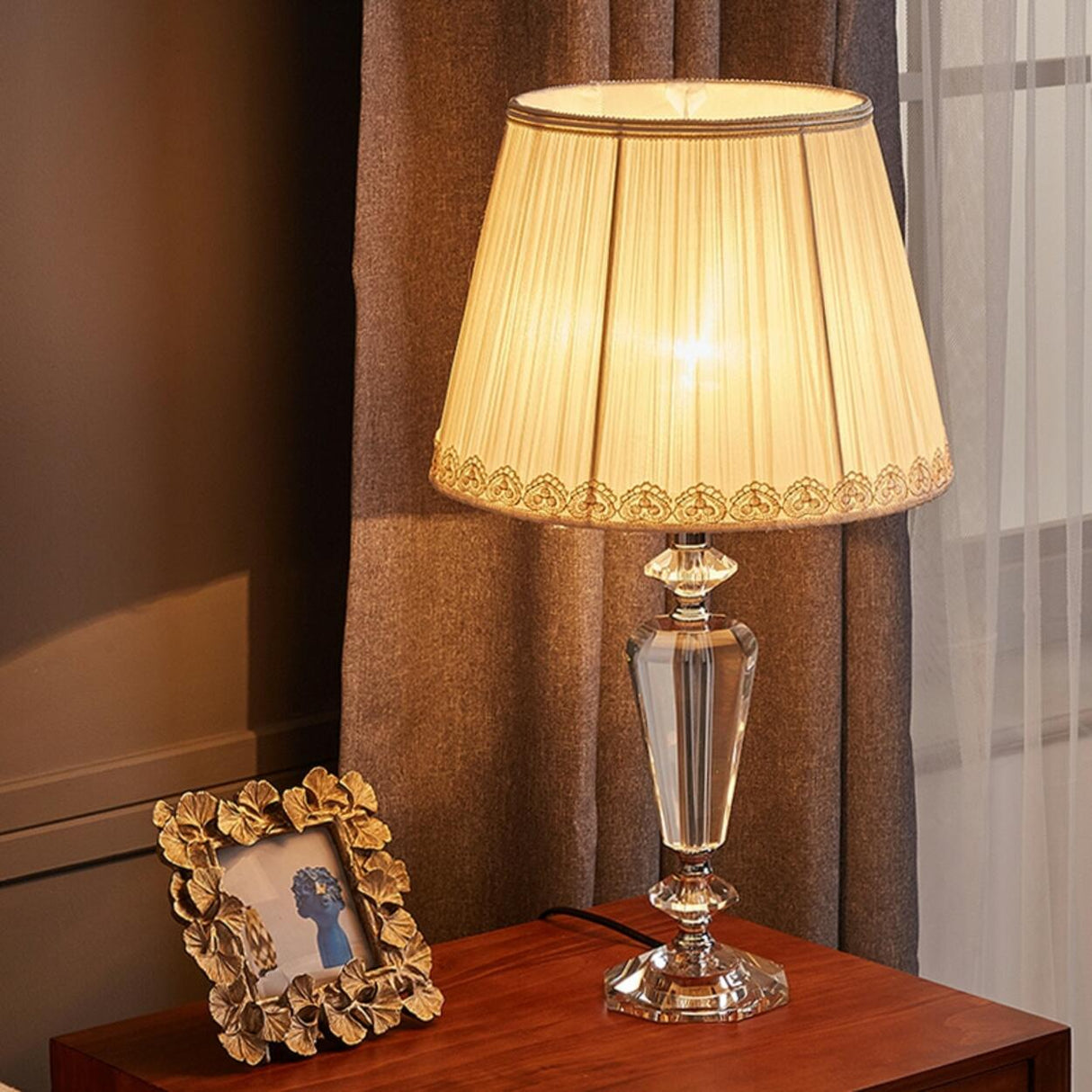 Elegant Fabric Lampshade Crystal Base Bedside Table Lamp Image - 3