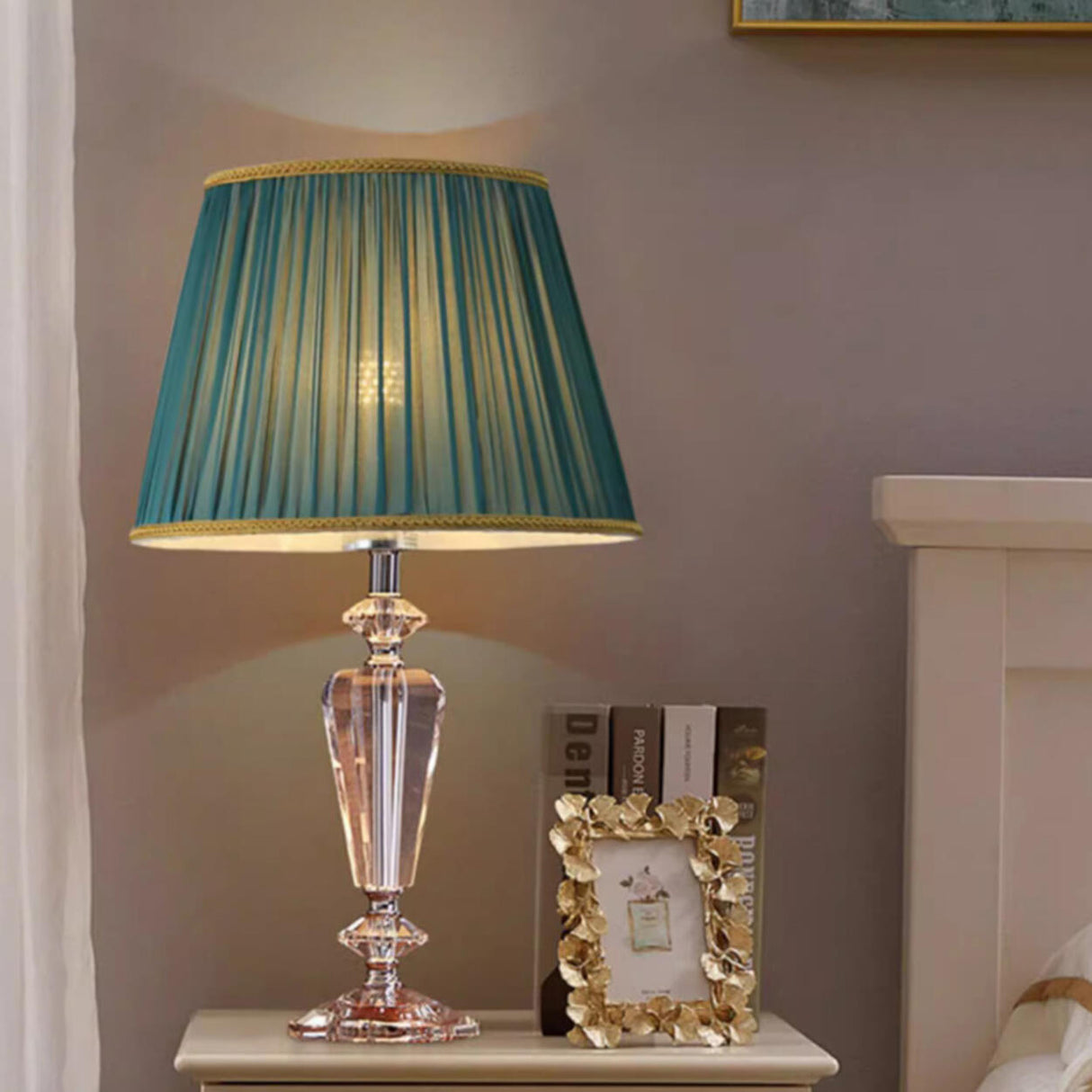 Elegant Fabric Lampshade Crystal Base Bedside Table Lamp Image - 4