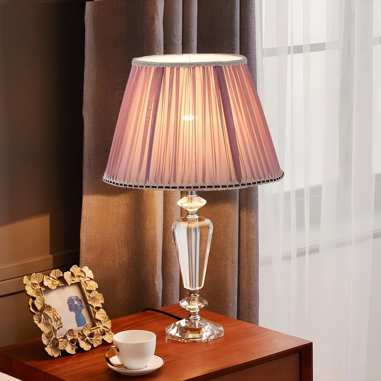 Elegant Fabric Lampshade Crystal Base Bedside Table Lamp Image - 6