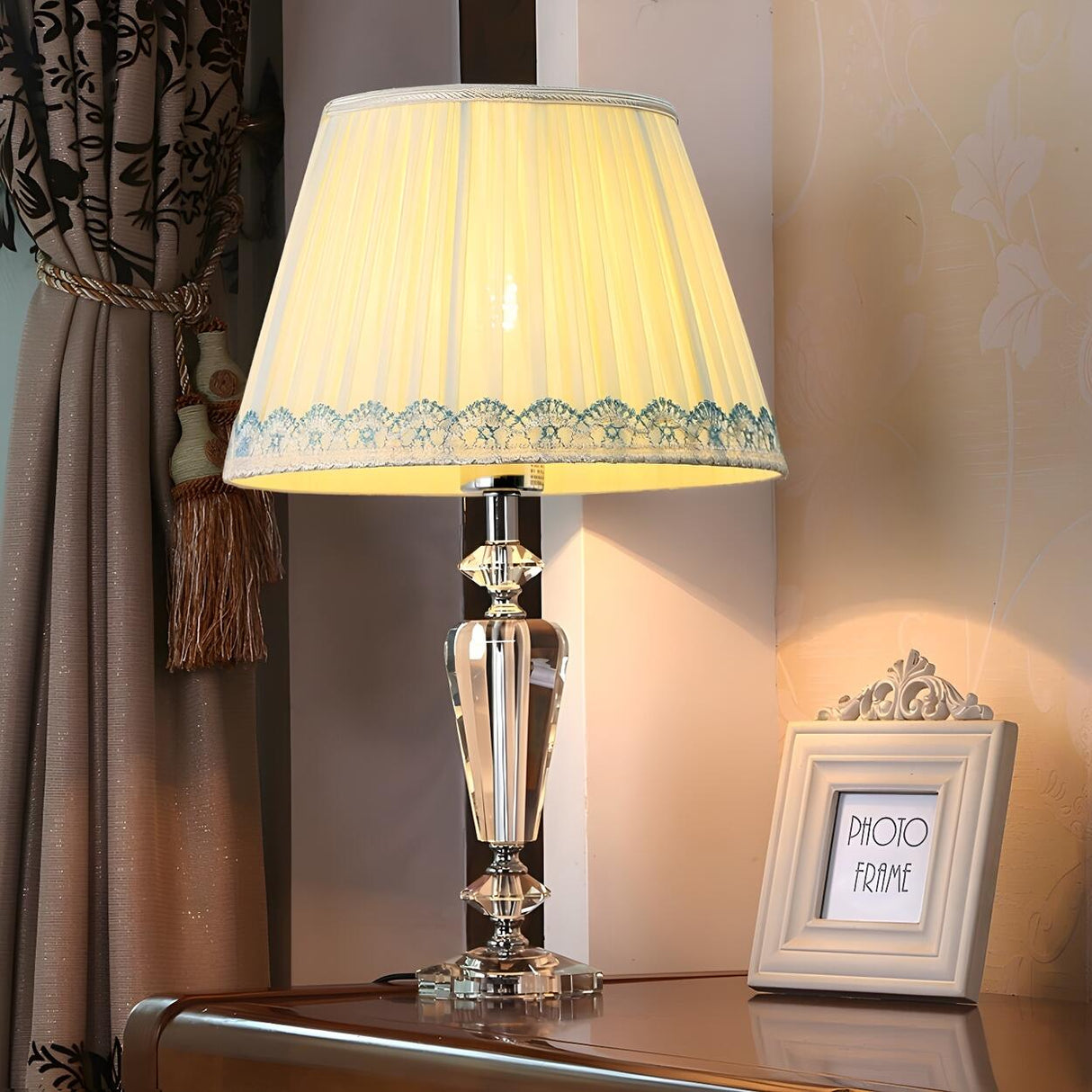 Elegant Fabric Lampshade Crystal Base Bedside Table Lamp Image - 9