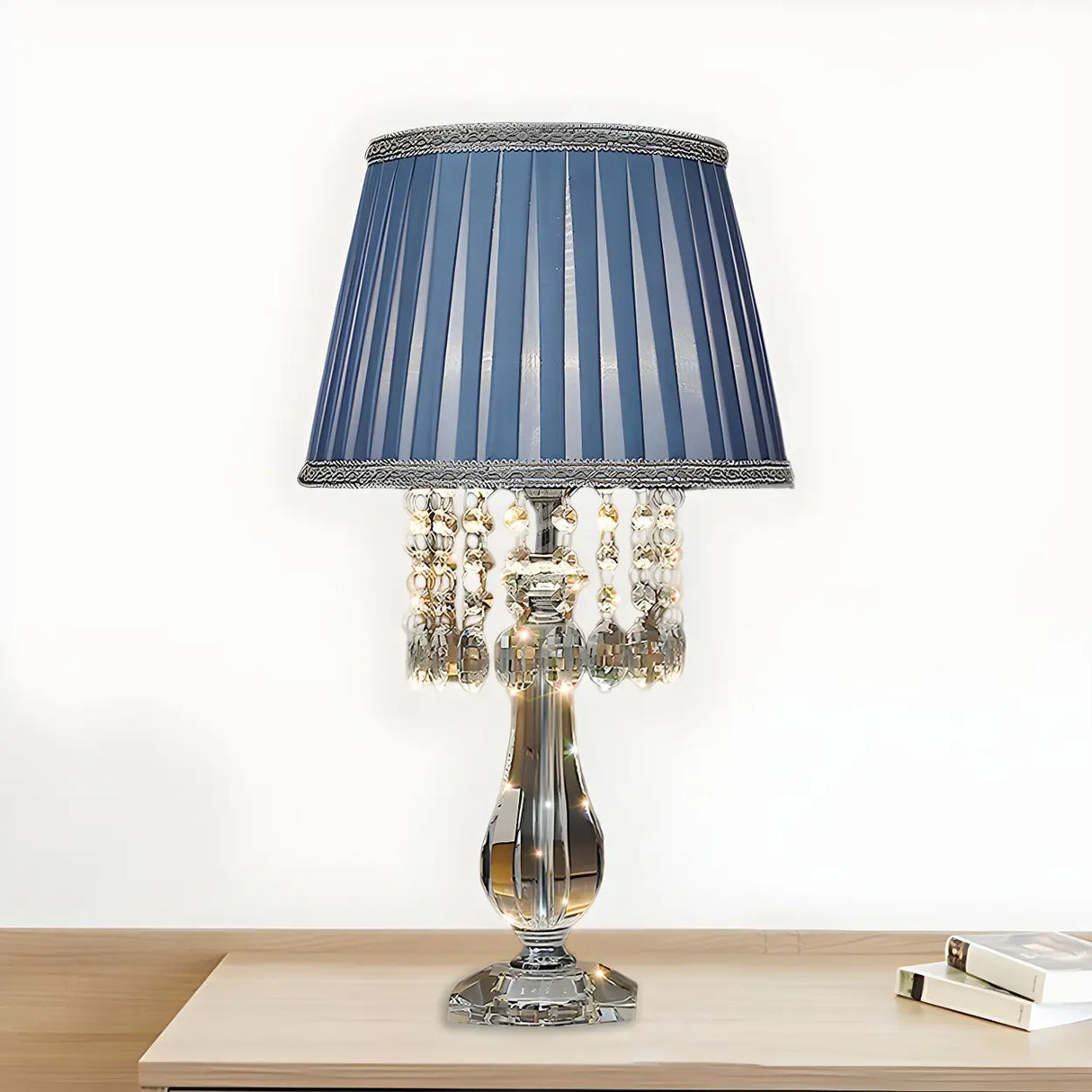 Elegant Fabric Pleated Shade Crystal Decor Table Lamp Image - 2